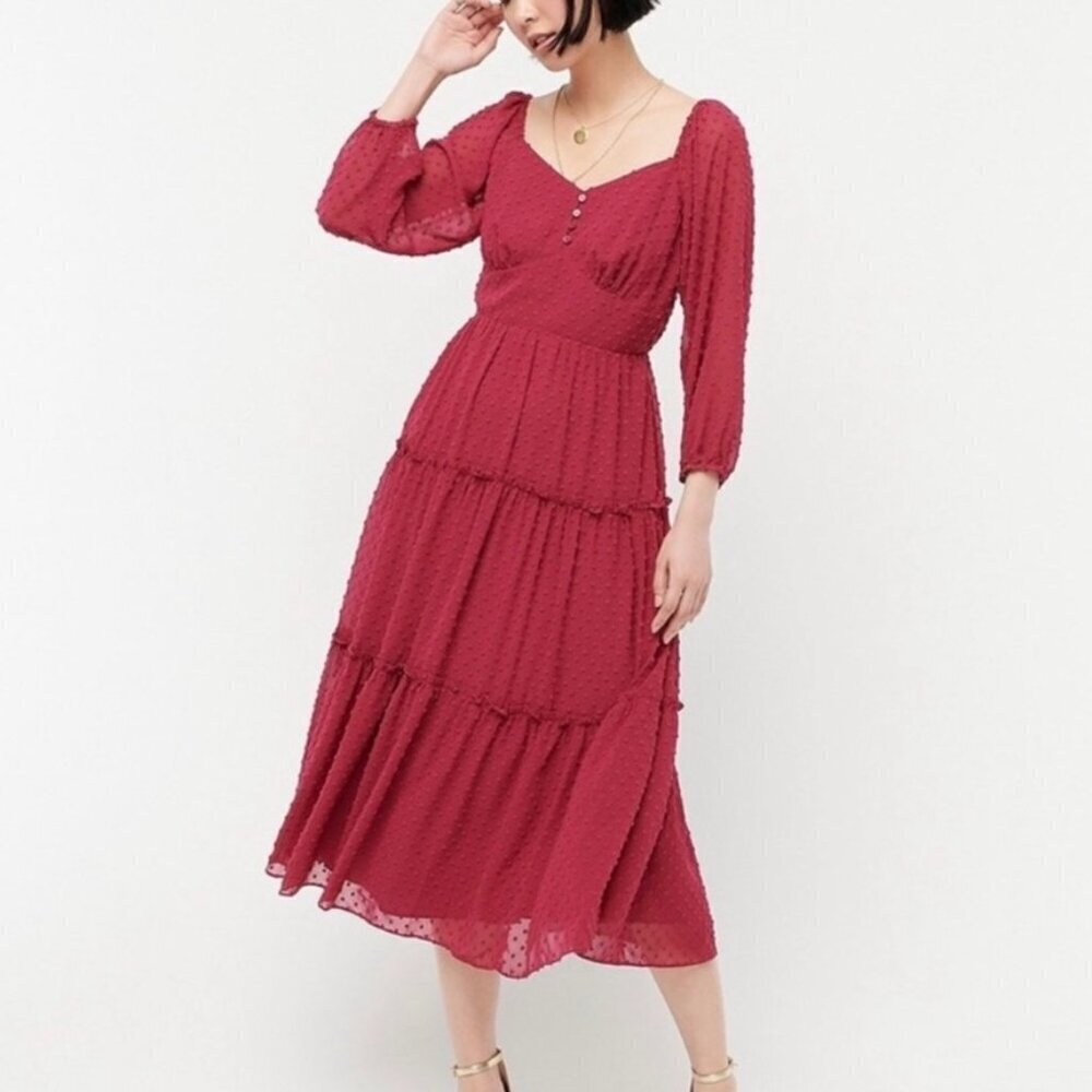 NWT J Crew Tiered Swiss Dot Midi Dress In Magenta‎ Pink US 2​​​​
